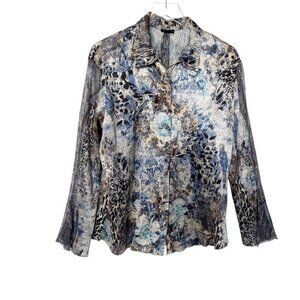 KOMAROV Blue Watercolor Ruffle Bell Sleeve Crinkle Blouse lace size Medium shirt